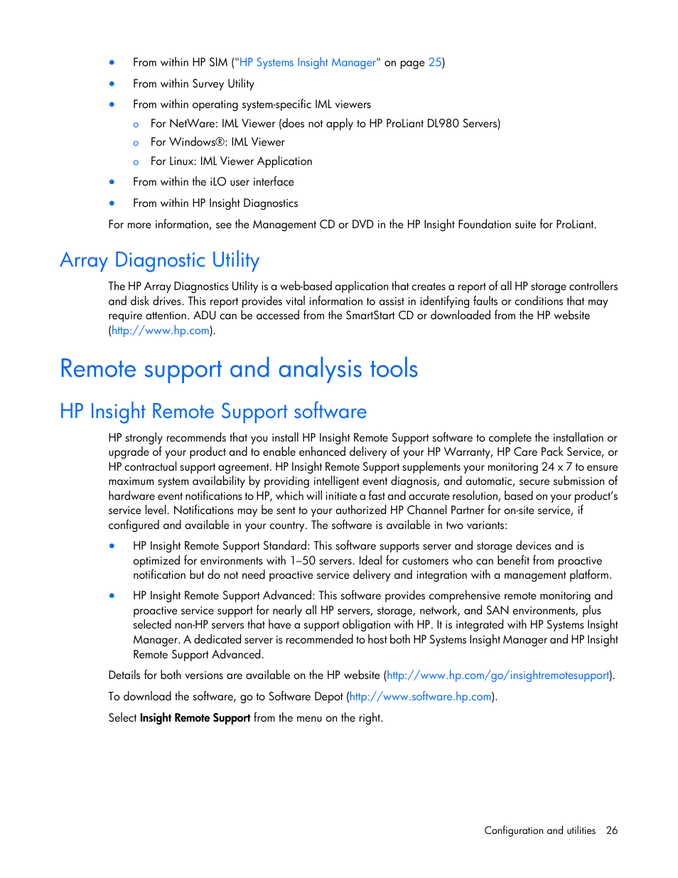 Array diagnostic utility, Remote support and analysis tools, Hp insight remote support software | HP D6000 Disk Enclosure User Manual | Page 26 / 53