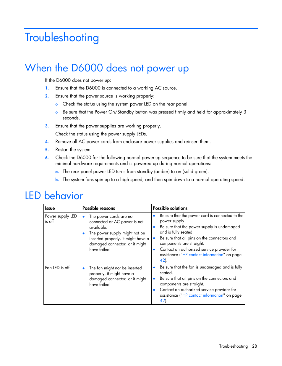 Troubleshooting, When the d6000 does not power up, Led behavior | HP D6000 Disk Enclosure User Manual | Page 28 / 53