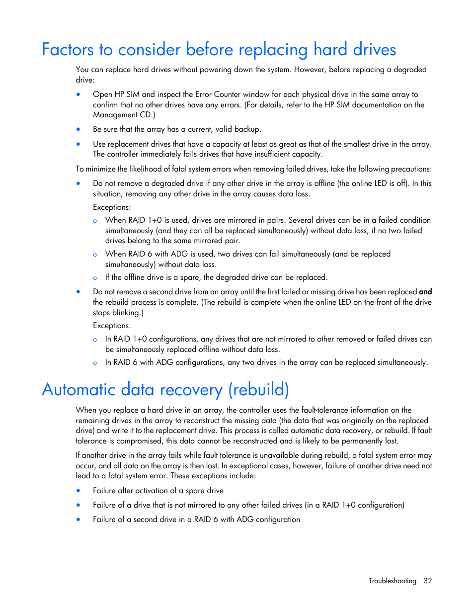 Factors to consider before replacing hard drives, Automatic data recovery (rebuild) | HP D6000 Disk Enclosure User Manual | Page 32 / 53