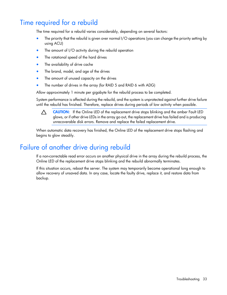 Time required for a rebuild, Failure of another drive during rebuild | HP D6000 Disk Enclosure User Manual | Page 33 / 53