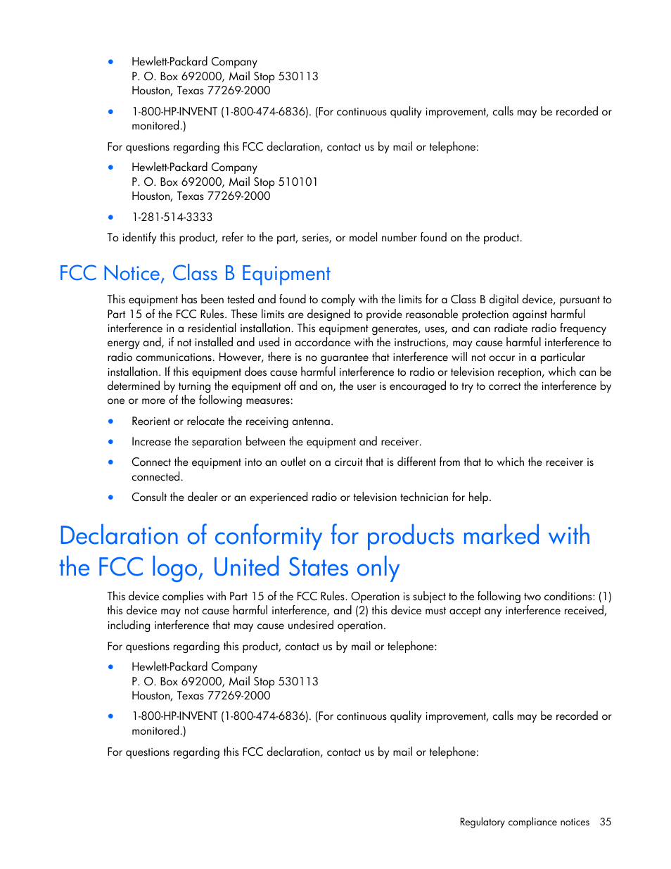 Fcc notice, class b equipment | HP D6000 Disk Enclosure User Manual | Page 35 / 53