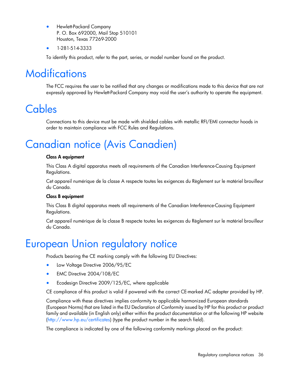 Modifications, Cables, Canadian notice (avis canadien) | European union regulatory notice | HP D6000 Disk Enclosure User Manual | Page 36 / 53