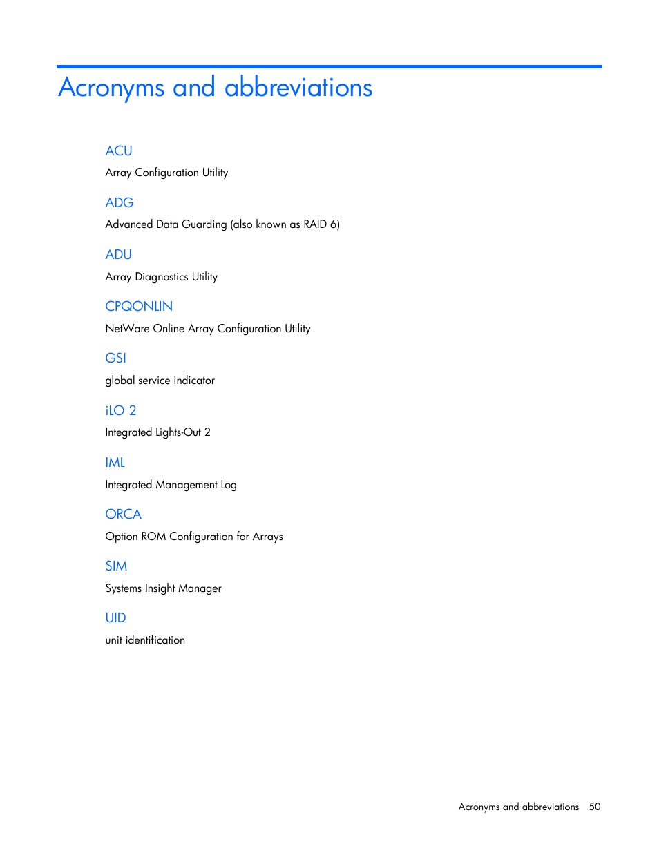 Acronyms and abbreviations | HP D6000 Disk Enclosure User Manual | Page 50 / 53