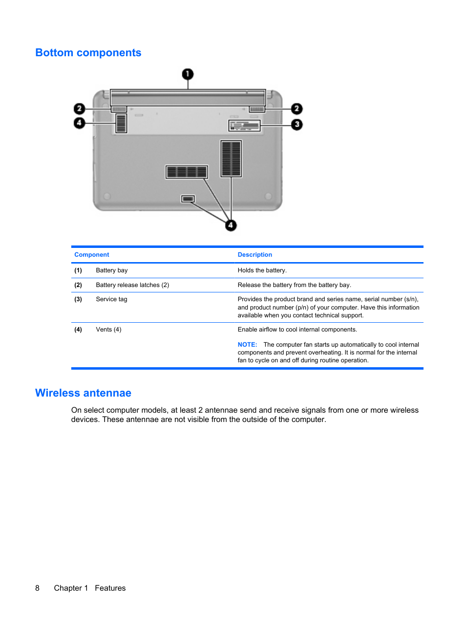 Bottom components, Wireless antennae, Bottom components wireless antennae | HP Mini 2140 Notebook-PC User Manual | Page 18 / 113