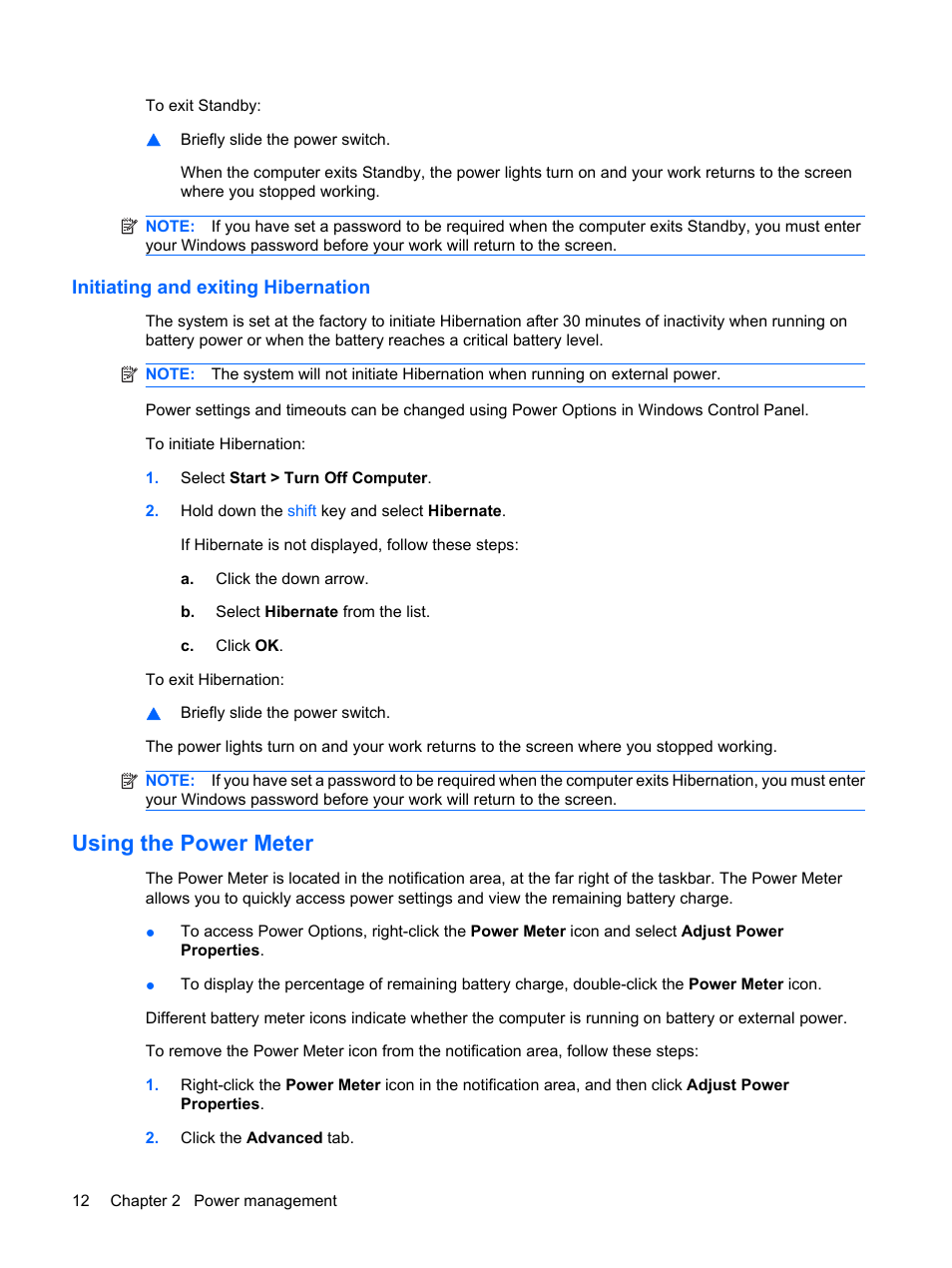 Initiating and exiting hibernation, Using the power meter | HP Mini 2140 Notebook-PC User Manual | Page 22 / 113