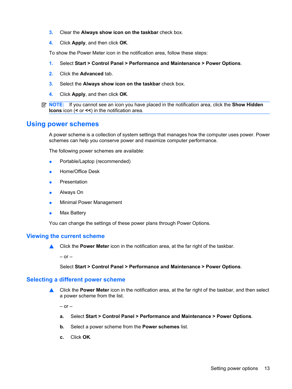Using power schemes, Viewing the current scheme, Selecting a different power scheme | HP Mini 2140 Notebook-PC User Manual | Page 23 / 113