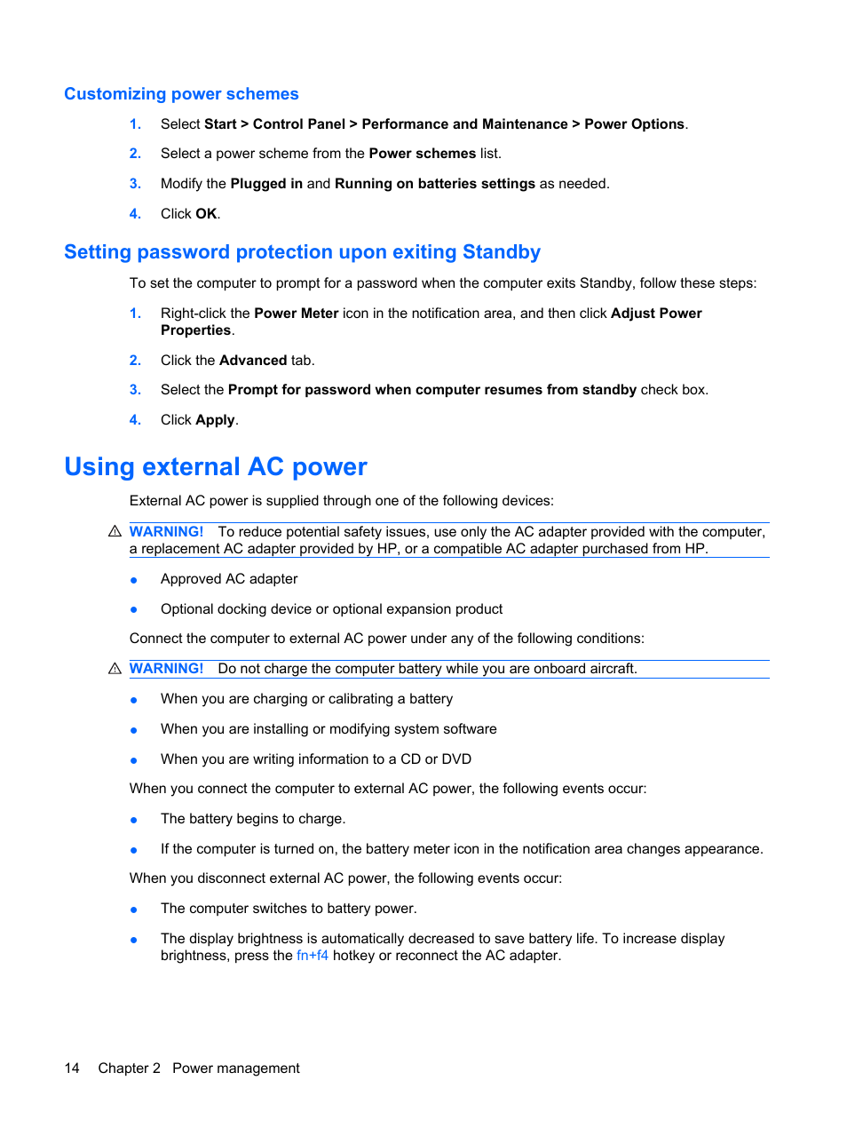 Customizing power schemes, Setting password protection upon exiting standby, Using external ac power | HP Mini 2140 Notebook-PC User Manual | Page 24 / 113