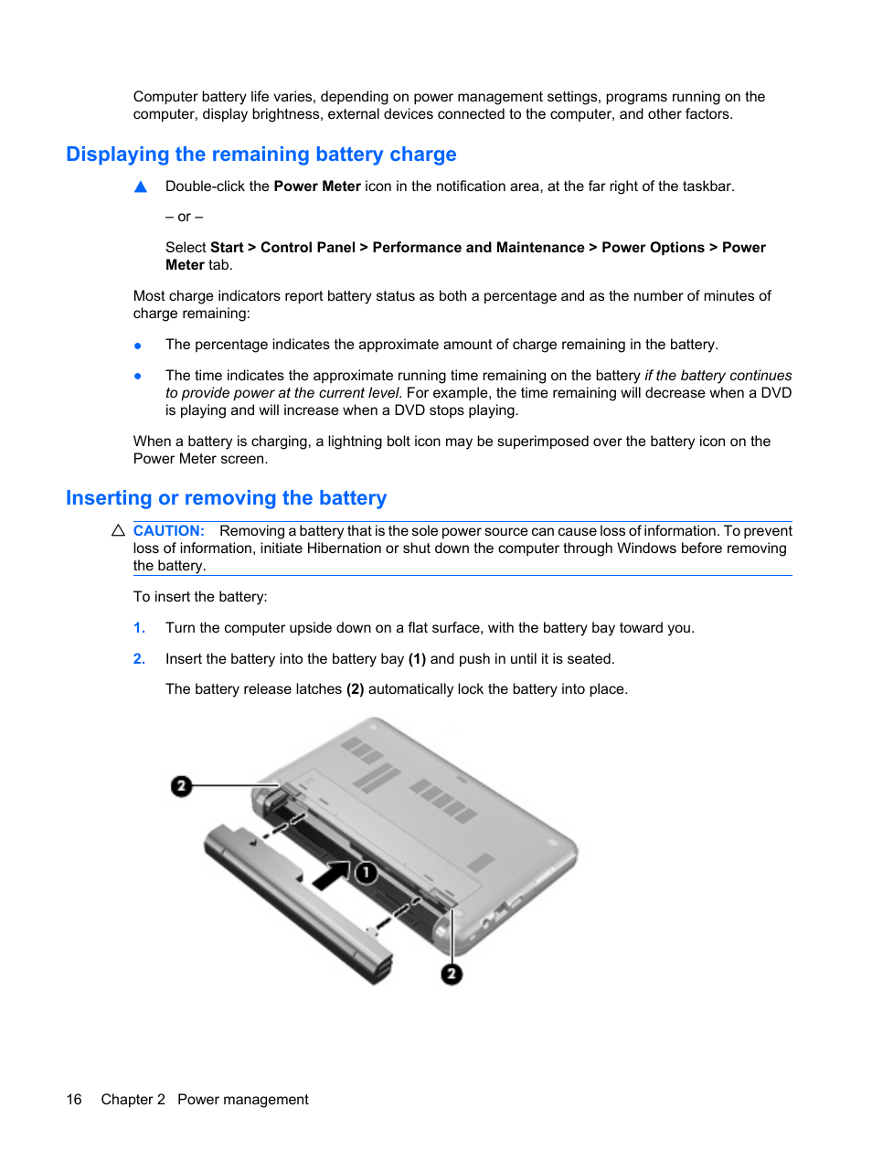 Displaying the remaining battery charge, Inserting or removing the battery | HP Mini 2140 Notebook-PC User Manual | Page 26 / 113