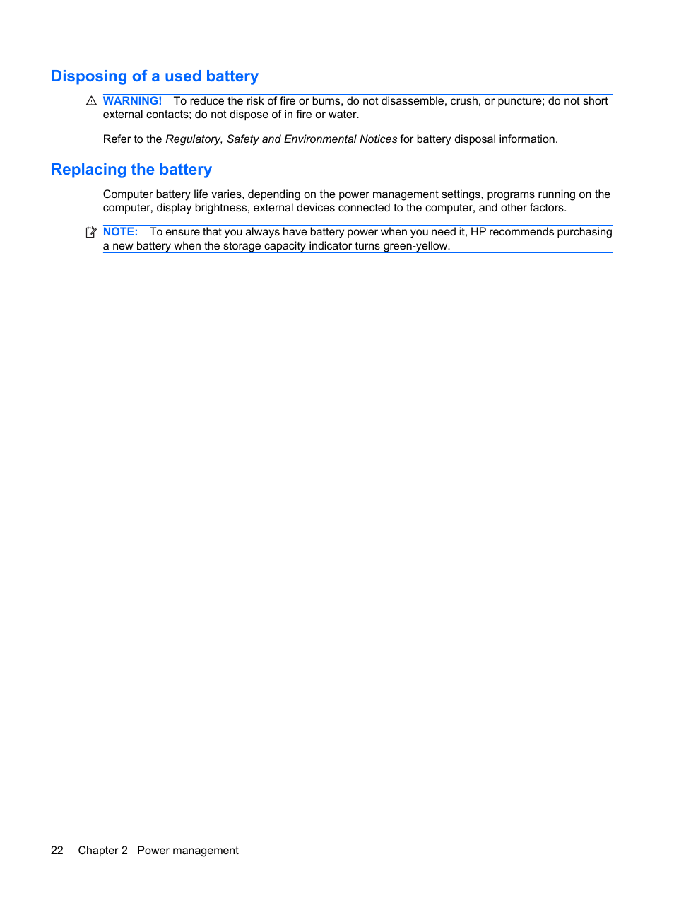 Disposing of a used battery, Replacing the battery, Disposing of a used battery replacing the battery | HP Mini 2140 Notebook-PC User Manual | Page 32 / 113