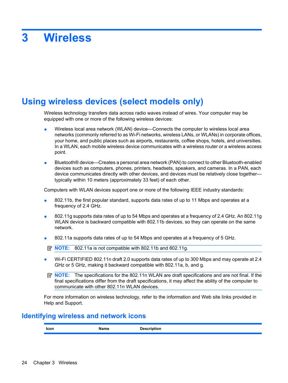 Wireless, Using wireless devices (select models only), Identifying wireless and network icons | 3 wireless, 3wireless | HP Mini 2140 Notebook-PC User Manual | Page 34 / 113