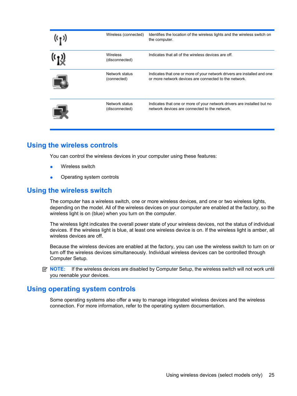 Using the wireless controls, Using the wireless switch, Using operating system controls | HP Mini 2140 Notebook-PC User Manual | Page 35 / 113