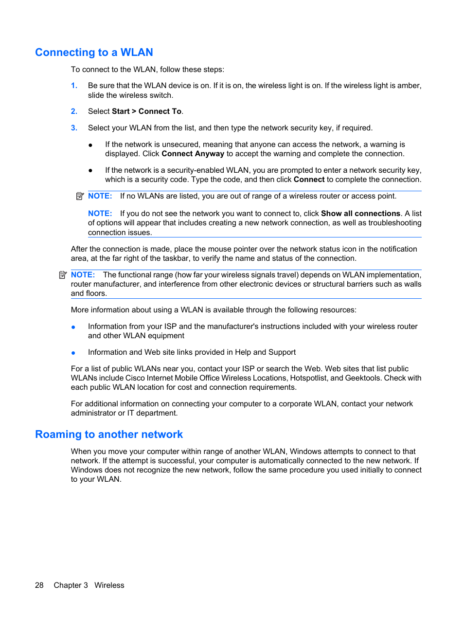 Connecting to a wlan, Roaming to another network, Connecting to a wlan roaming to another network | HP Mini 2140 Notebook-PC User Manual | Page 38 / 113