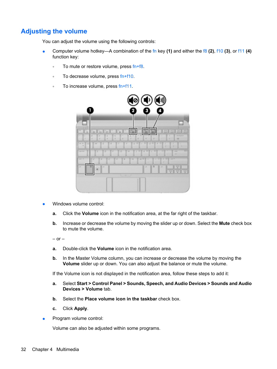 Adjusting the volume | HP Mini 2140 Notebook-PC User Manual | Page 42 / 113