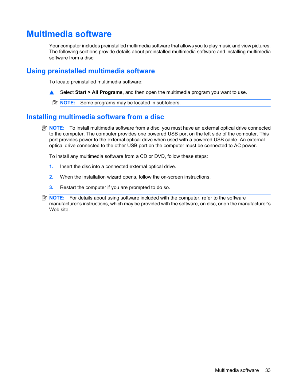 Multimedia software, Using preinstalled multimedia software, Installing multimedia software from a disc | HP Mini 2140 Notebook-PC User Manual | Page 43 / 113
