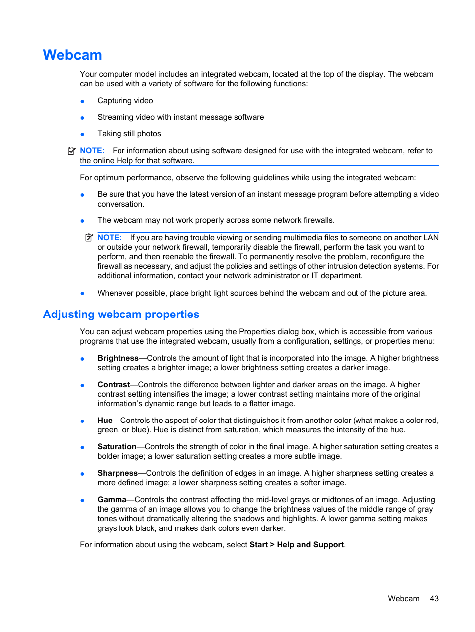Webcam, Adjusting webcam properties | HP Mini 2140 Notebook-PC User Manual | Page 53 / 113