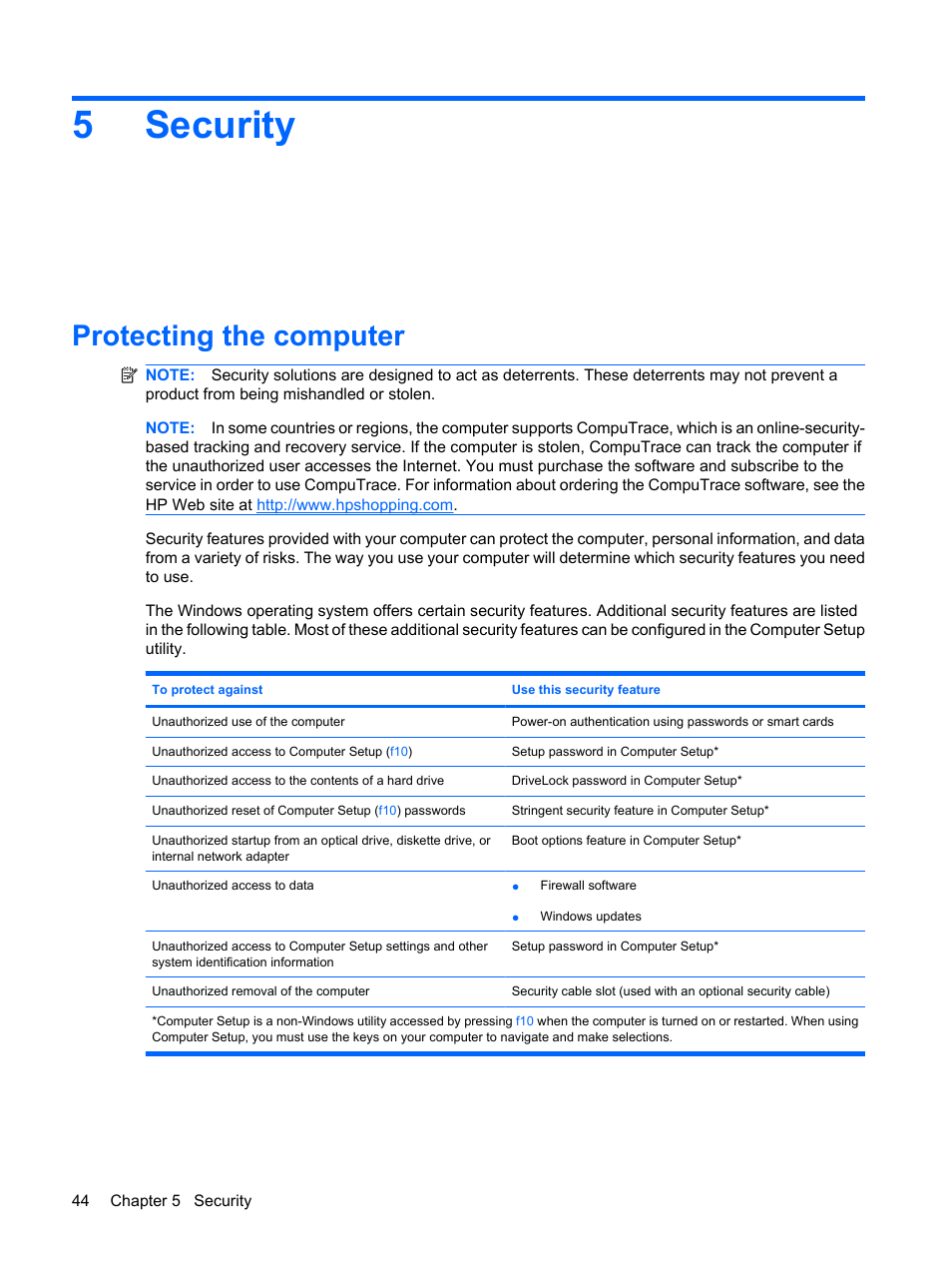 Security, Protecting the computer, 5 security | 5security | HP Mini 2140 Notebook-PC User Manual | Page 54 / 113