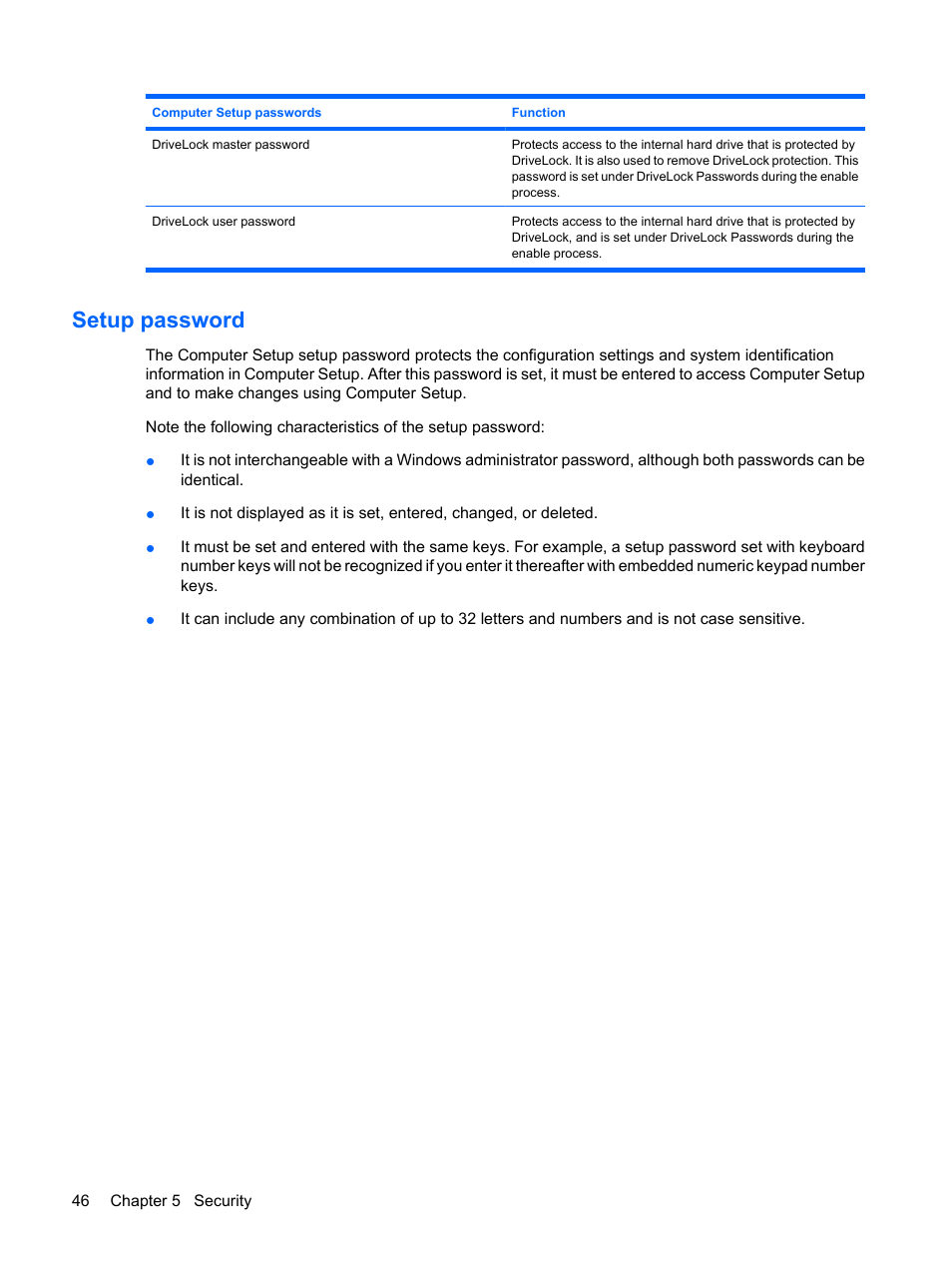Setup password | HP Mini 2140 Notebook-PC User Manual | Page 56 / 113
