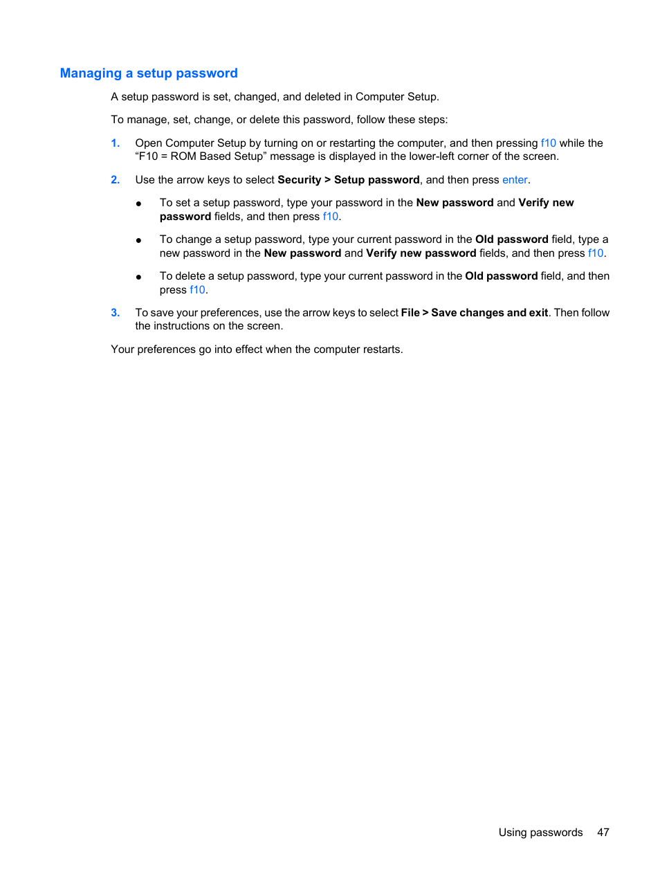 Managing a setup password | HP Mini 2140 Notebook-PC User Manual | Page 57 / 113