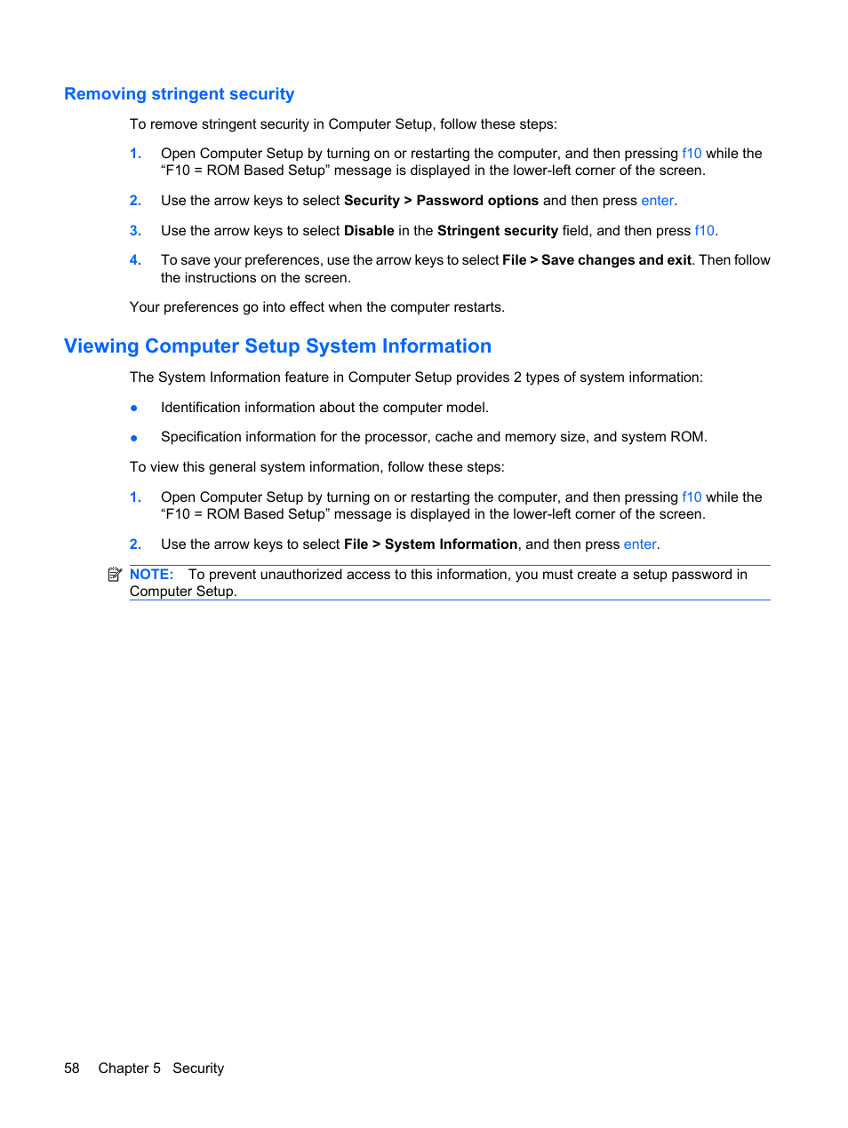 Removing stringent security, Viewing computer setup system information | HP Mini 2140 Notebook-PC User Manual | Page 68 / 113