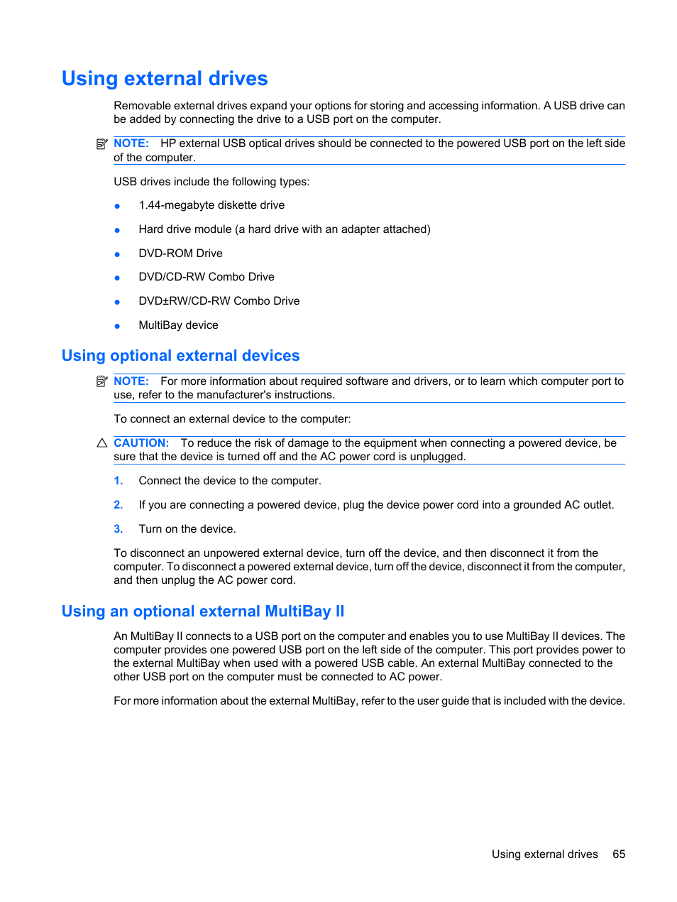 Using external drives, Using optional external devices, Using an optional external multibay ii | HP Mini 2140 Notebook-PC User Manual | Page 75 / 113