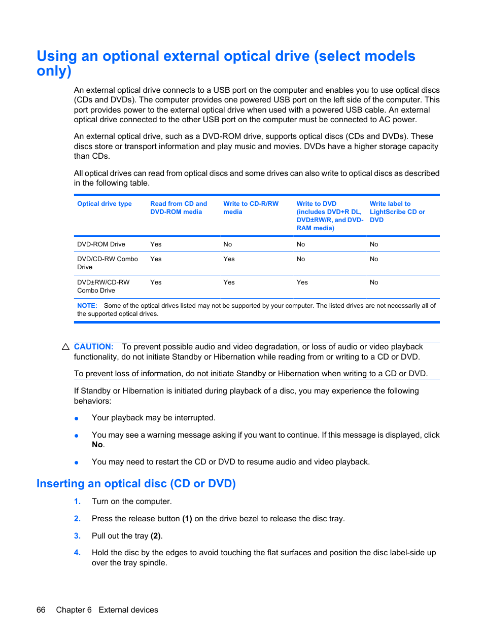 Inserting an optical disc (cd or dvd) | HP Mini 2140 Notebook-PC User Manual | Page 76 / 113