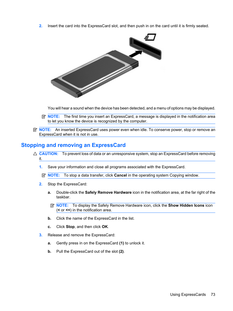 Stopping and removing an expresscard | HP Mini 2140 Notebook-PC User Manual | Page 83 / 113