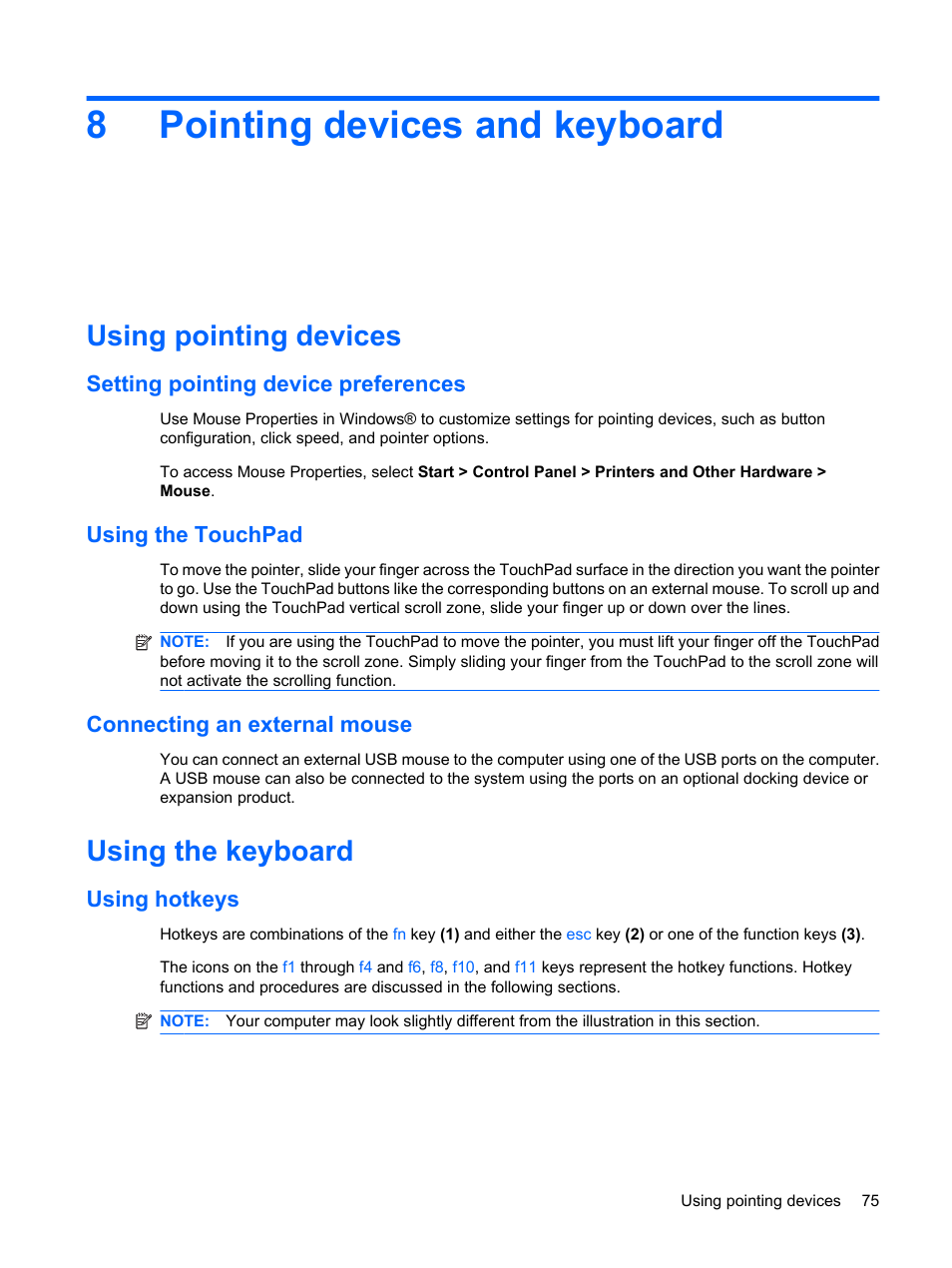 Pointing devices and keyboard, Using pointing devices, Setting pointing device preferences | Using the touchpad, Connecting an external mouse, Using the keyboard, Using hotkeys, 8 pointing devices and keyboard, 8pointing devices and keyboard | HP Mini 2140 Notebook-PC User Manual | Page 85 / 113