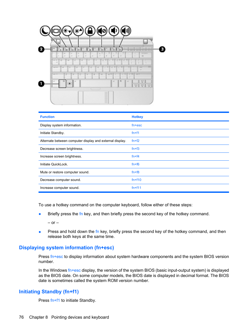 Displaying system information (fn+esc), Initiating standby (fn+f1) | HP Mini 2140 Notebook-PC User Manual | Page 86 / 113