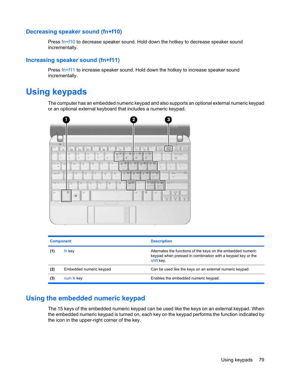 Decreasing speaker sound (fn+f10), Increasing speaker sound (fn+f11), Using keypads | Using the embedded numeric keypad | HP Mini 2140 Notebook-PC User Manual | Page 89 / 113