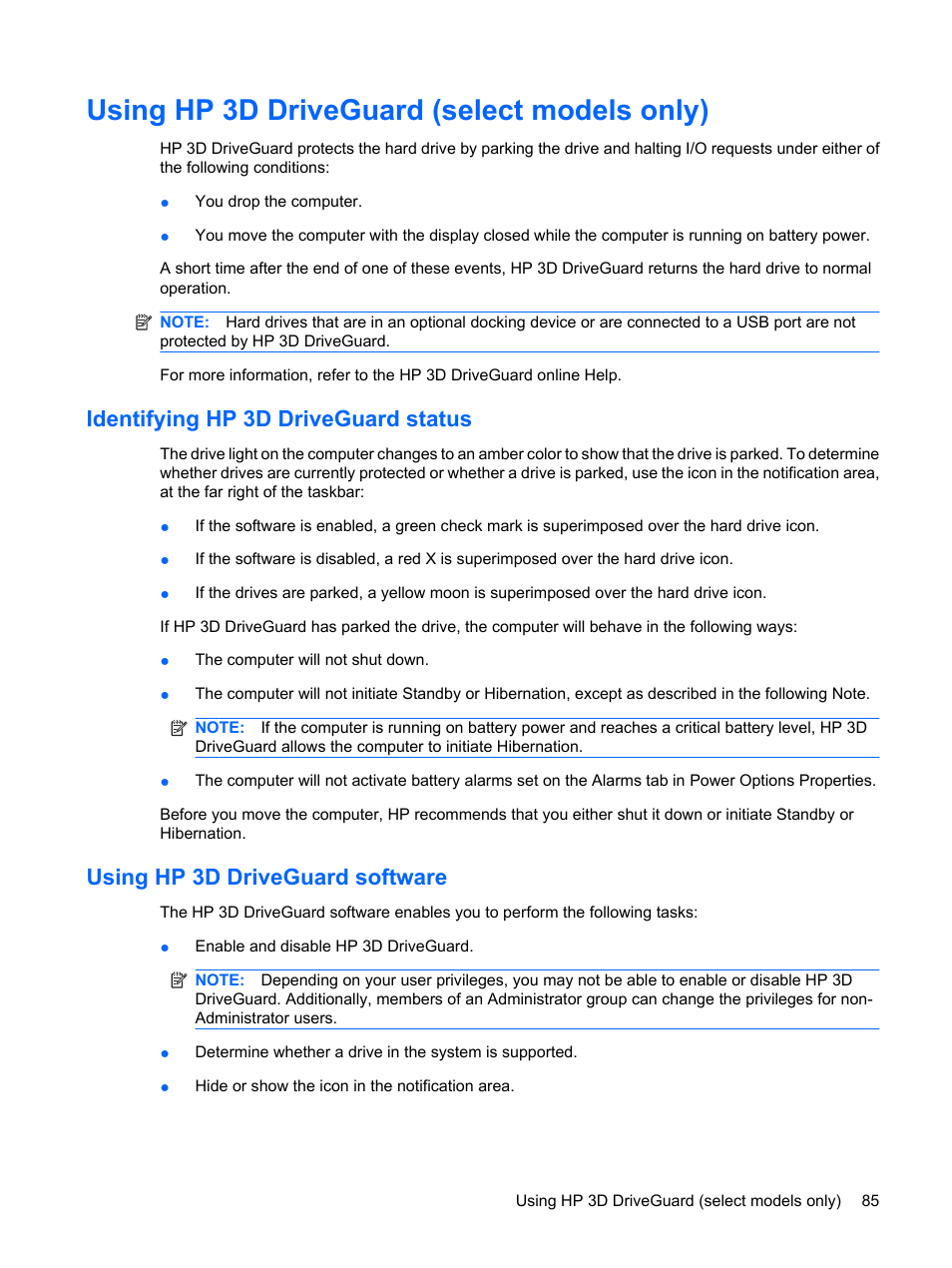 Using hp 3d driveguard (select models only), Identifying hp 3d driveguard status, Using hp 3d driveguard software | HP Mini 2140 Notebook-PC User Manual | Page 95 / 113