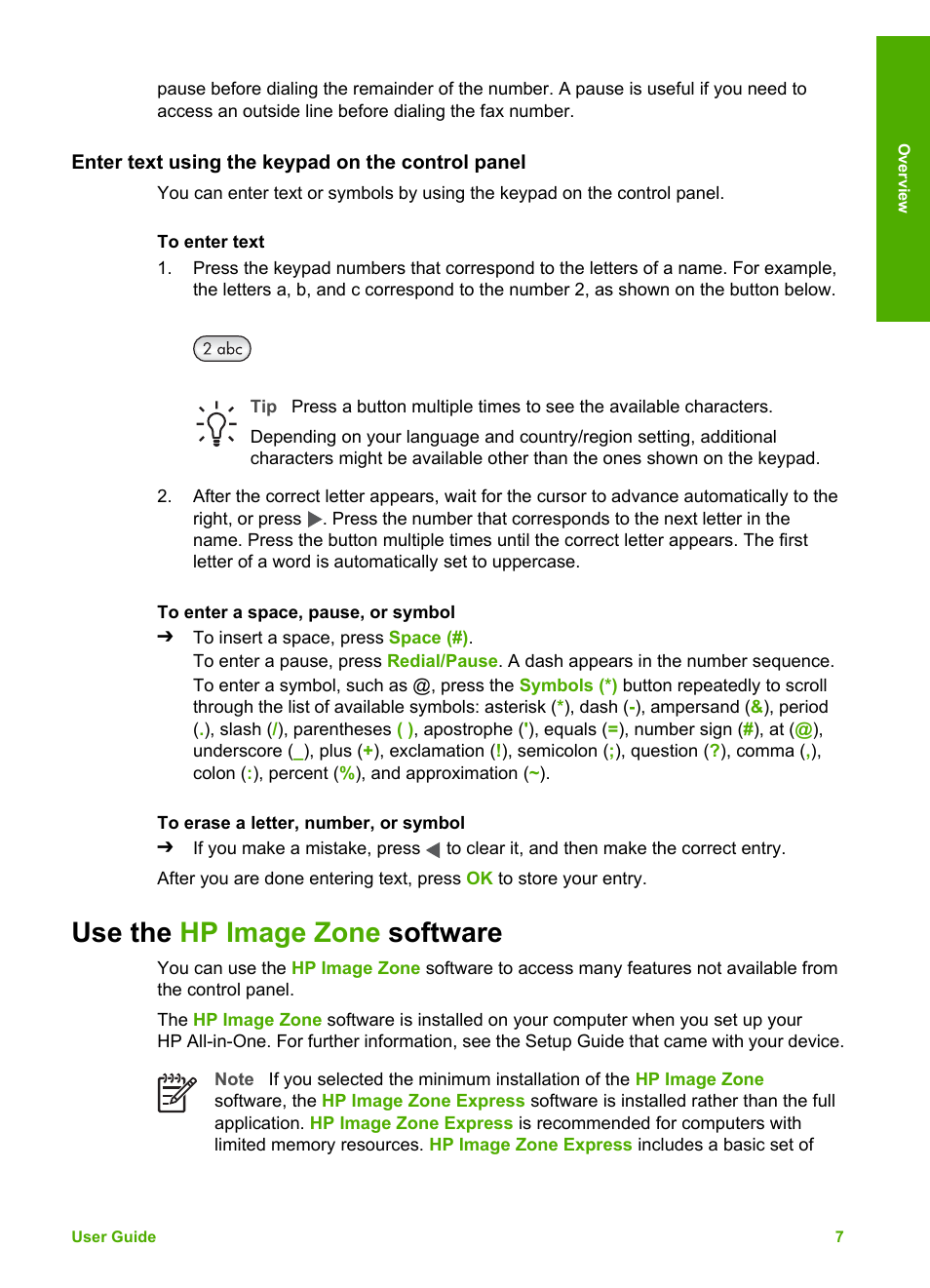 Enter text using the keypad on the control panel, Use the hp image zone software, Use the | Hp image zone software | HP Officejet 5605 All-in-One Printer User Manual | Page 10 / 142