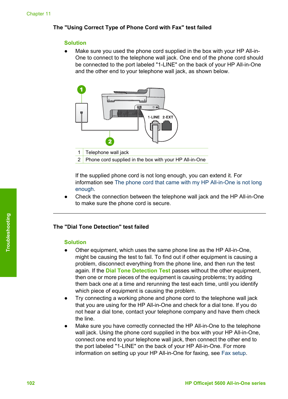 The "dial tone detection" test failed | HP Officejet 5605 All-in-One Printer User Manual | Page 105 / 142