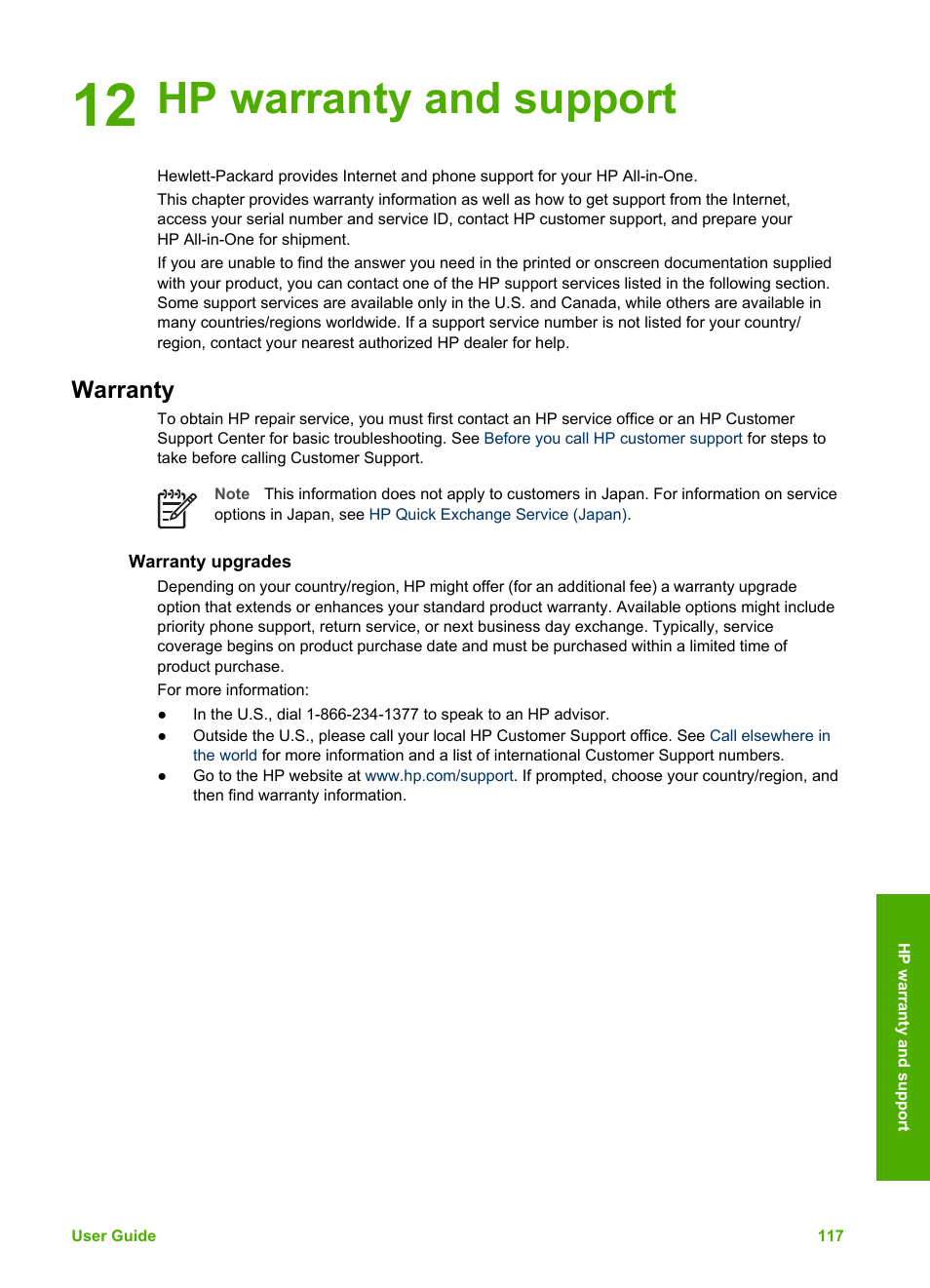 Hp warranty and support, Warranty, Warranty upgrades | 12 hp warranty and support | HP Officejet 5605 All-in-One Printer User Manual | Page 120 / 142