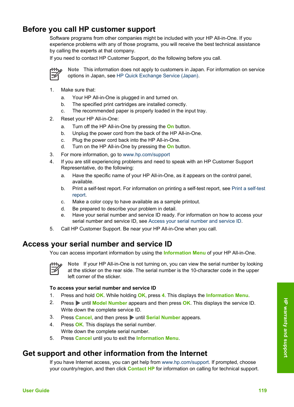 Before you call hp customer support, Access your serial number and service id | HP Officejet 5605 All-in-One Printer User Manual | Page 122 / 142