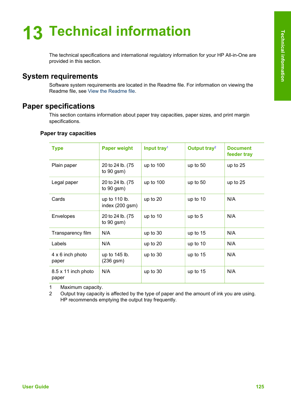 Technical information, System requirements, Paper specifications | Paper tray capacities, 13 technical information, System requirements paper specifications | HP Officejet 5605 All-in-One Printer User Manual | Page 128 / 142