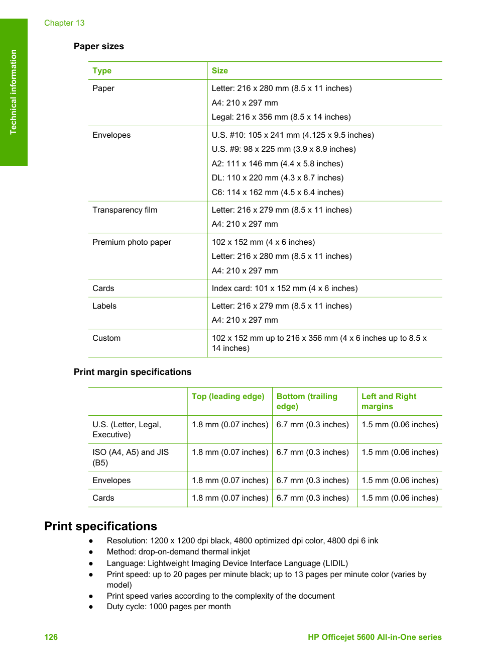 Paper sizes, Print margin specifications, Print specifications | HP Officejet 5605 All-in-One Printer User Manual | Page 129 / 142