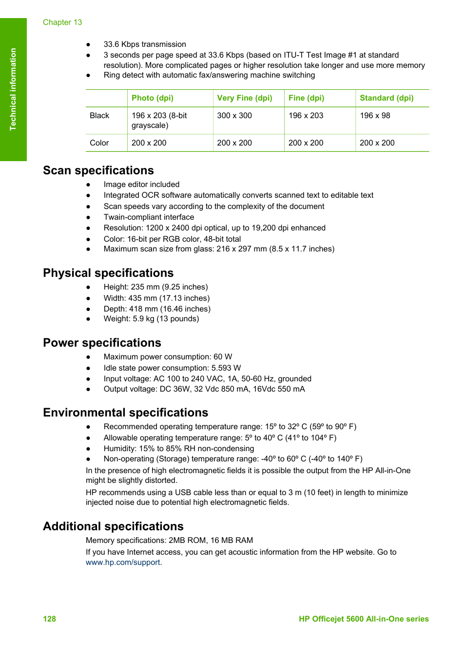 Scan specifications, Physical specifications, Power specifications | Environmental specifications, Additional specifications | HP Officejet 5605 All-in-One Printer User Manual | Page 131 / 142