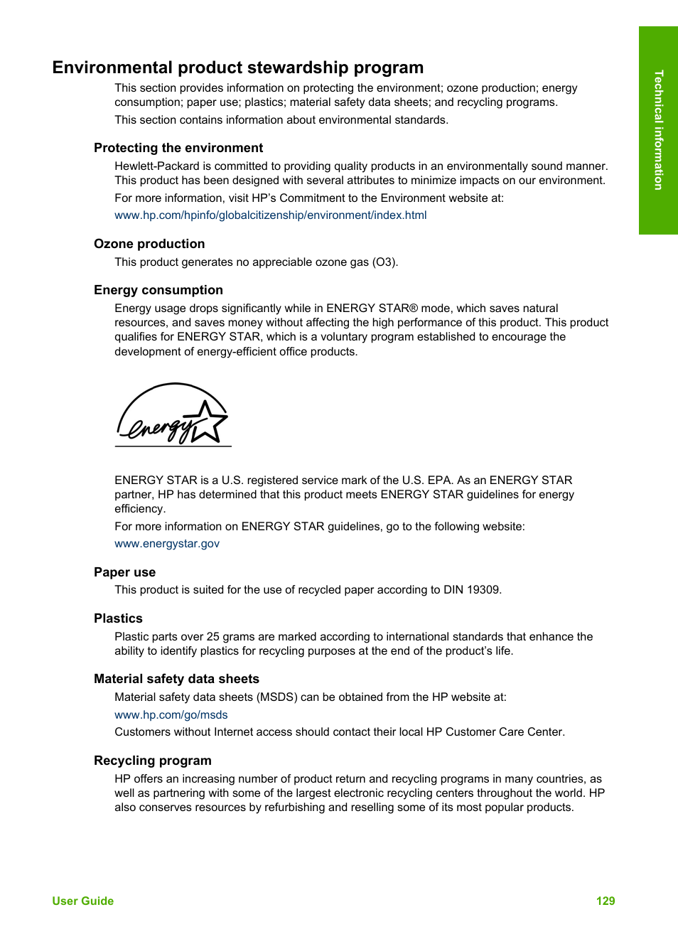 Environmental product stewardship program, Protecting the environment, Ozone production | Energy consumption, Paper use, Plastics, Material safety data sheets, Recycling program | HP Officejet 5605 All-in-One Printer User Manual | Page 132 / 142