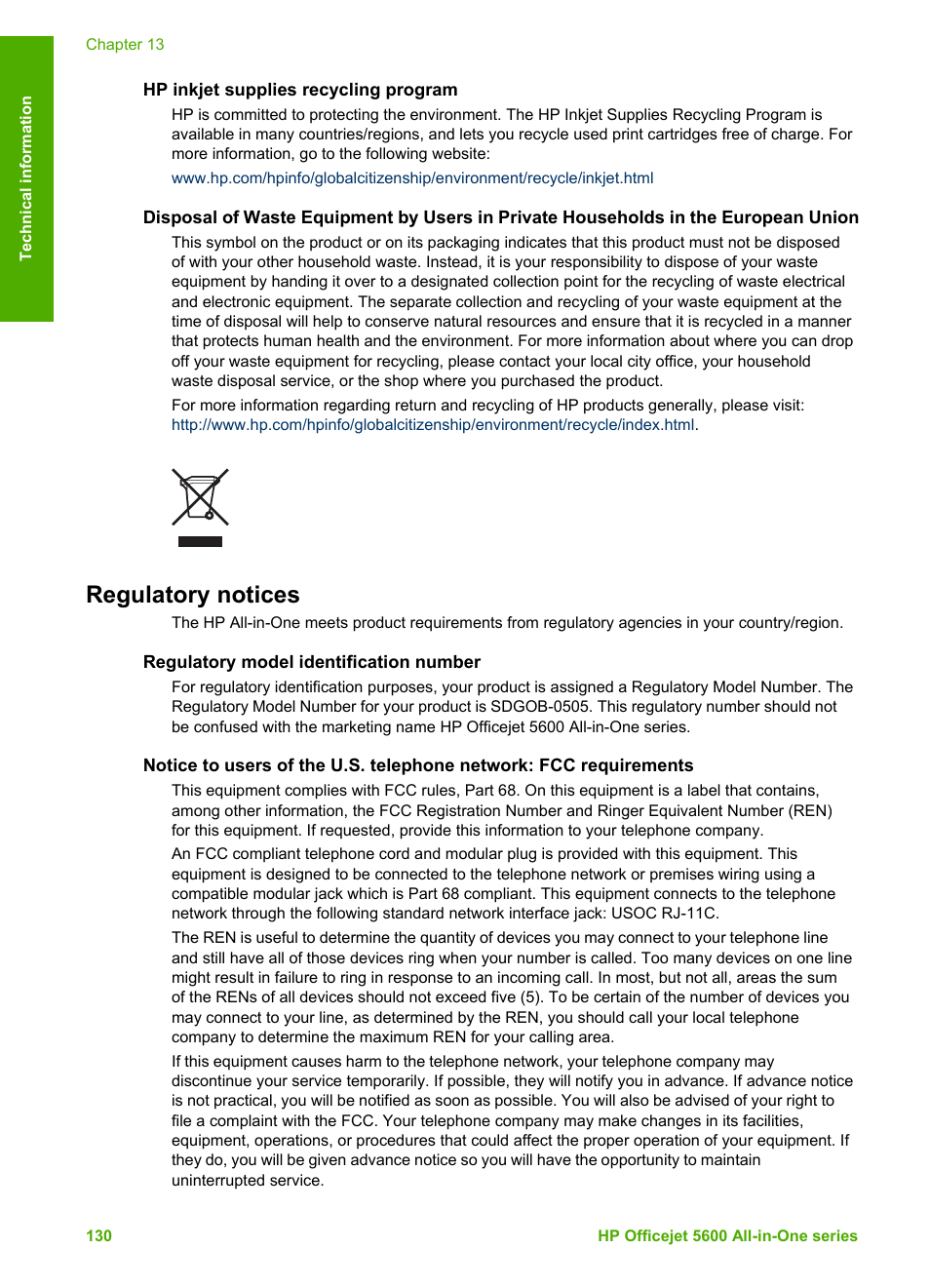 Hp inkjet supplies recycling program, Regulatory notices, Regulatory model identification number | HP Officejet 5605 All-in-One Printer User Manual | Page 133 / 142