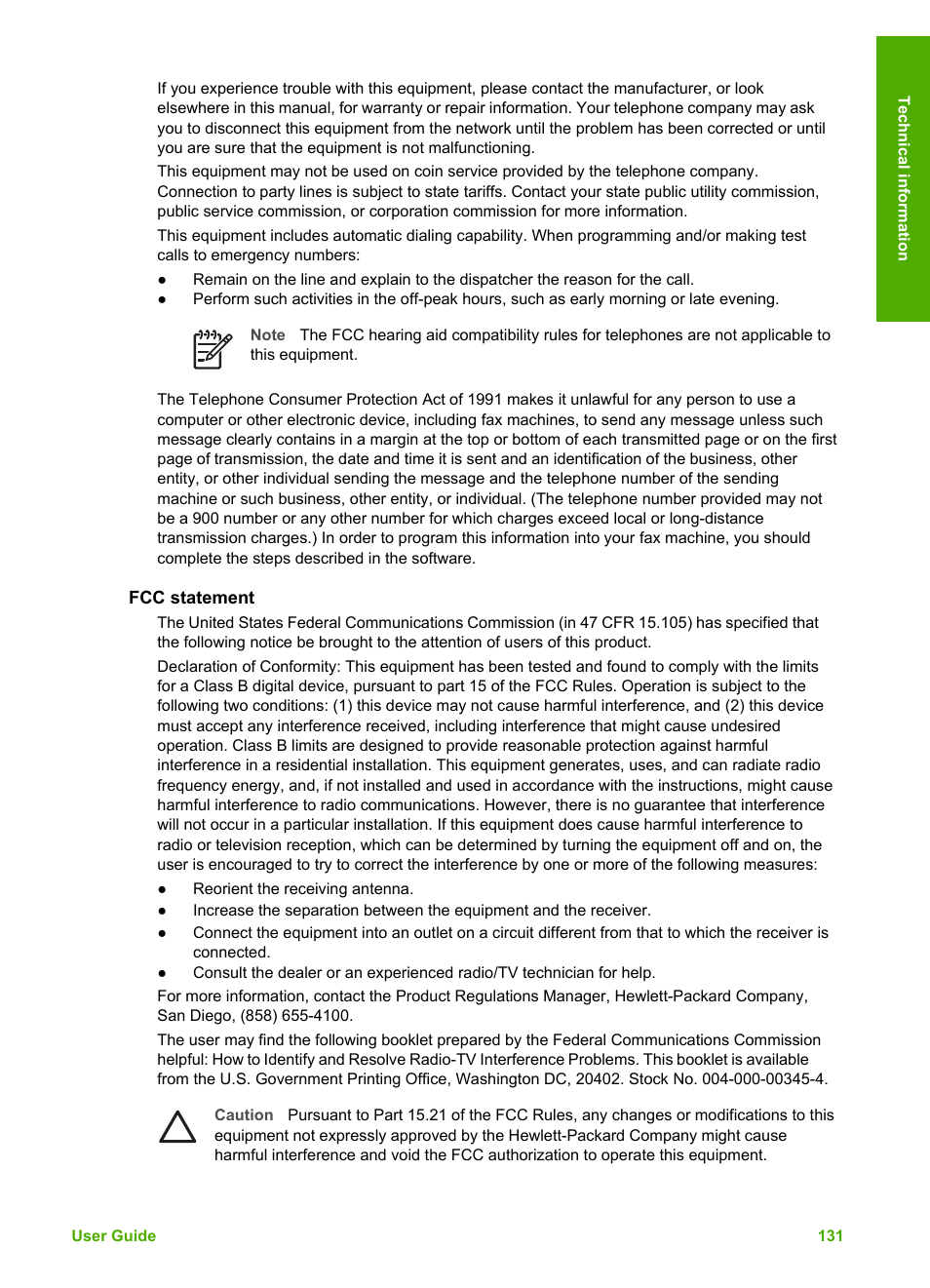 Fcc statement | HP Officejet 5605 All-in-One Printer User Manual | Page 134 / 142