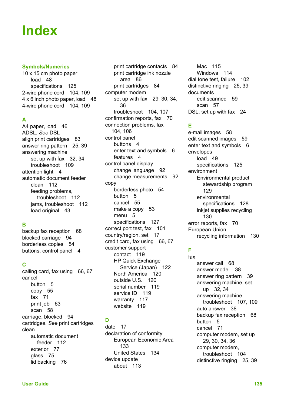 Index | HP Officejet 5605 All-in-One Printer User Manual | Page 138 / 142