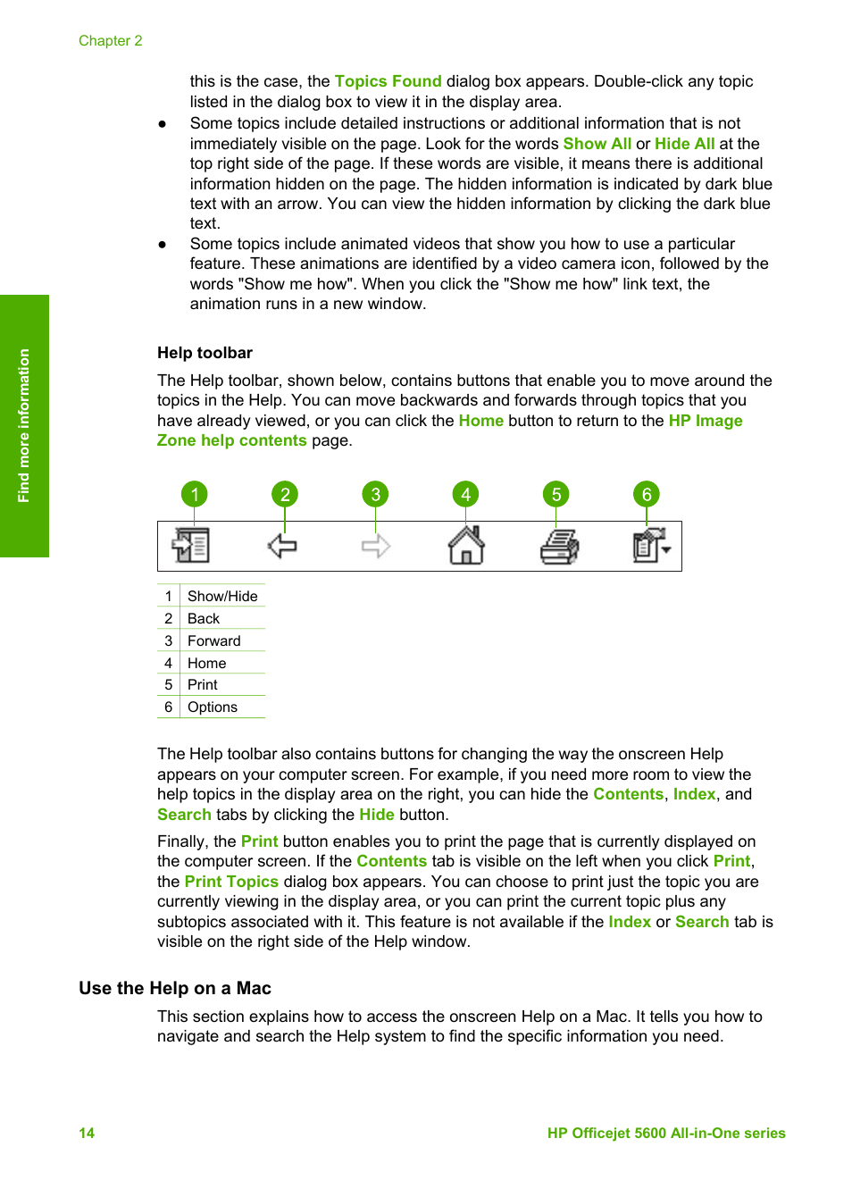 Help toolbar, Use the help on a mac | HP Officejet 5605 All-in-One Printer User Manual | Page 17 / 142