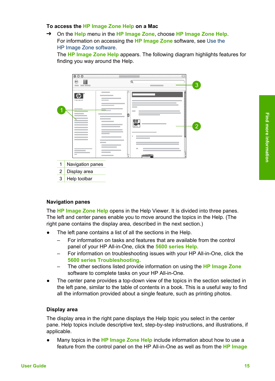 Navigation panes, Display area | HP Officejet 5605 All-in-One Printer User Manual | Page 18 / 142