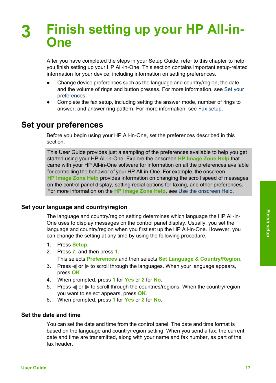 Finish setting up your hp all-in-one, Set your preferences, Set your language and country/region | Set the date and time, Finish setting up your hp all-in- one | HP Officejet 5605 All-in-One Printer User Manual | Page 20 / 142