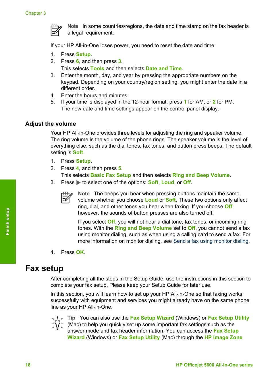 Adjust the volume, Fax setup | HP Officejet 5605 All-in-One Printer User Manual | Page 21 / 142