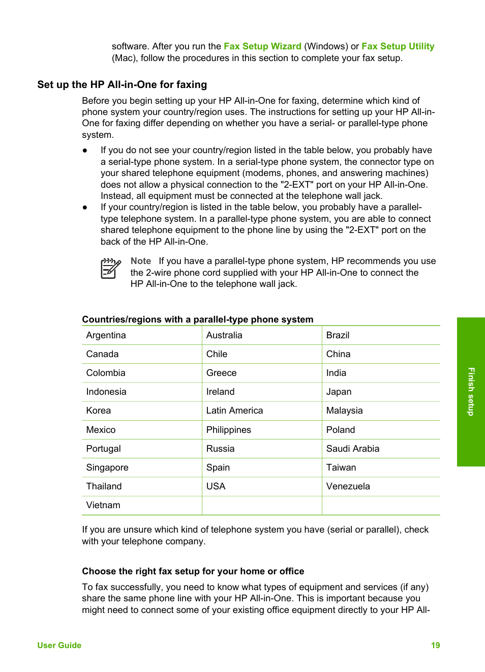 Set up the hp all-in-one for faxing, Choose the right fax setup for your home or office | HP Officejet 5605 All-in-One Printer User Manual | Page 22 / 142