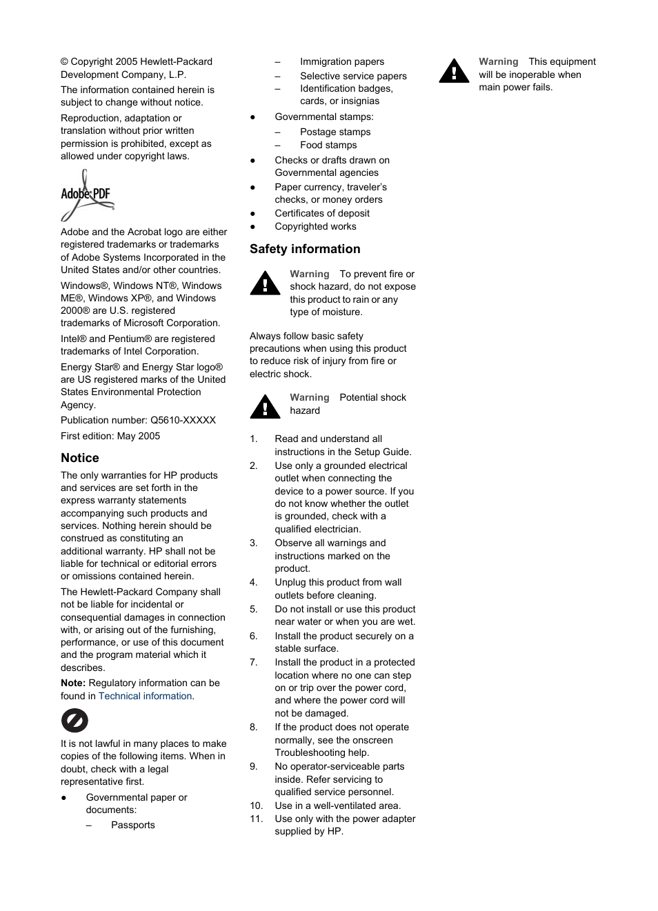 Notice, Safety information | HP Officejet 5605 All-in-One Printer User Manual | Page 3 / 142