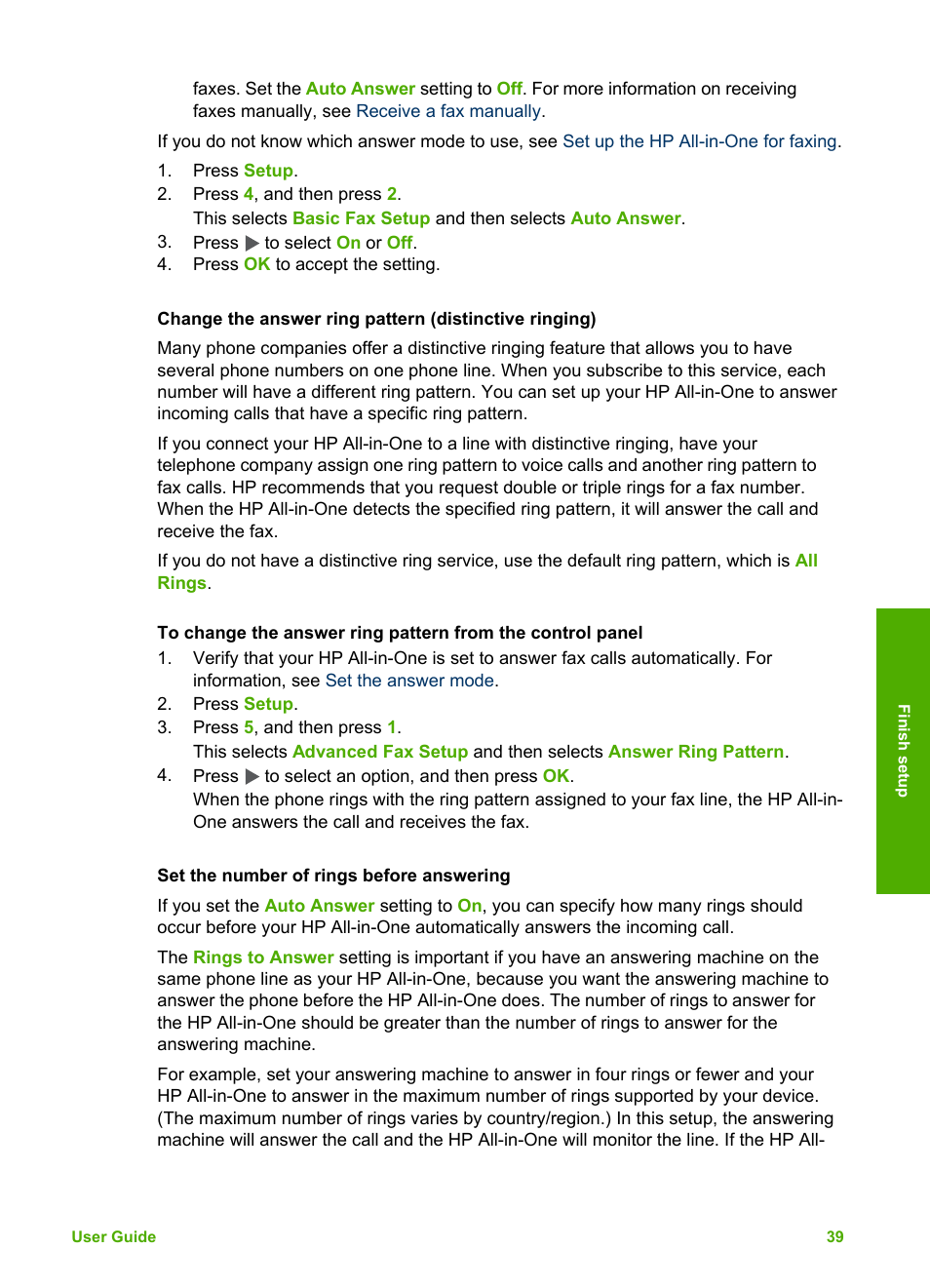 Set the number of rings before answering, Set the number of rings before, Answering | Change the answer ring pattern, Distinctive ringing) | HP Officejet 5605 All-in-One Printer User Manual | Page 42 / 142