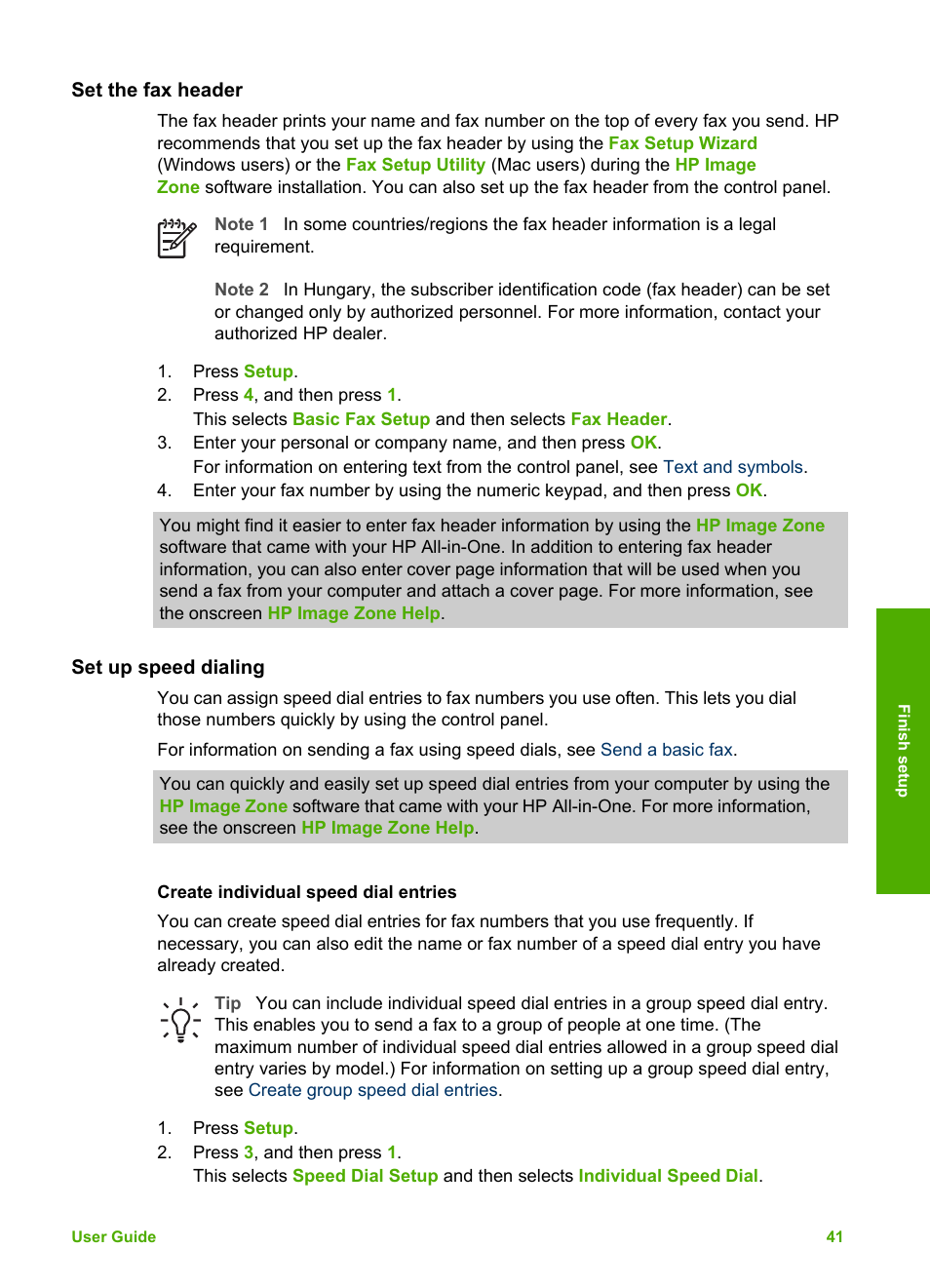 Set the fax header, Set up speed dialing, Create individual speed dial entries | HP Officejet 5605 All-in-One Printer User Manual | Page 44 / 142