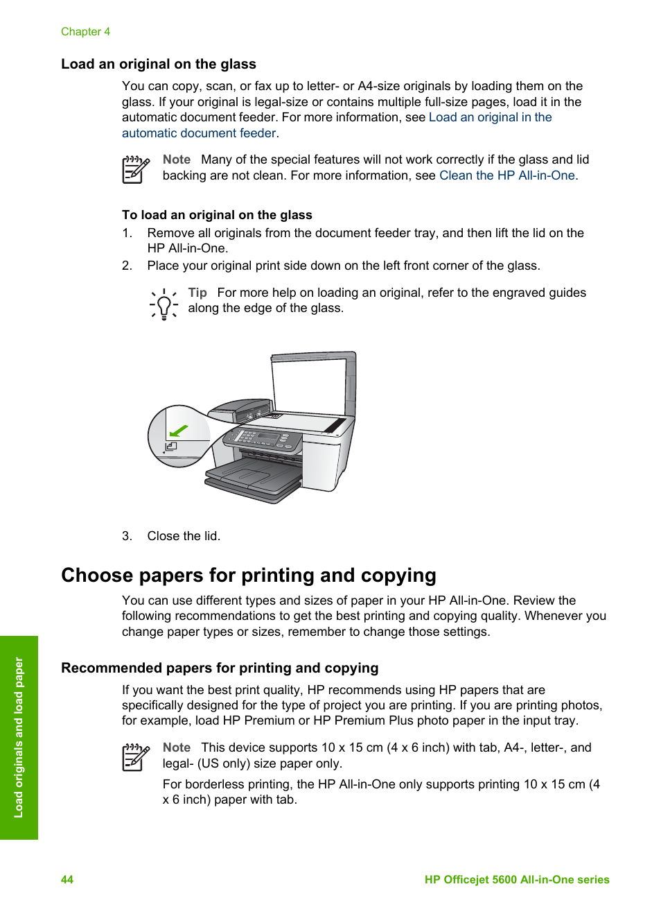 Load an original on the glass, Choose papers for printing and copying, Recommended papers for printing and copying | HP Officejet 5605 All-in-One Printer User Manual | Page 47 / 142